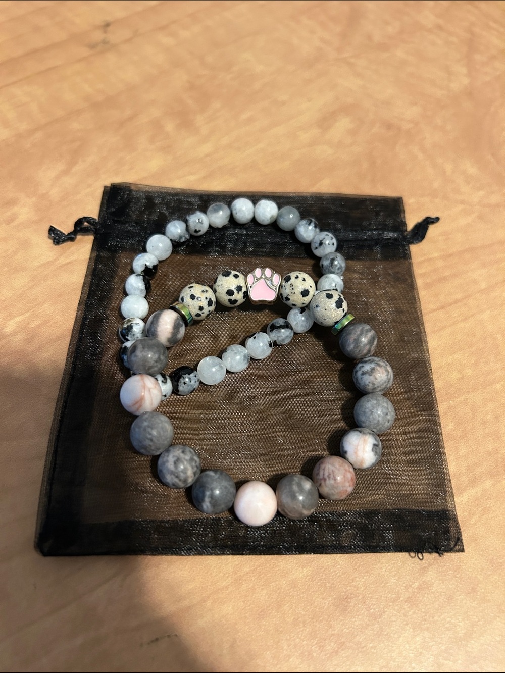 Puppy Paw Beaded Stretch Bracelet Set - Grey and Cream Stone Beads